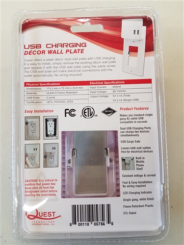Quest EPD-3128 Decora Wall Plate with Dual USB 2.1A Charging, White