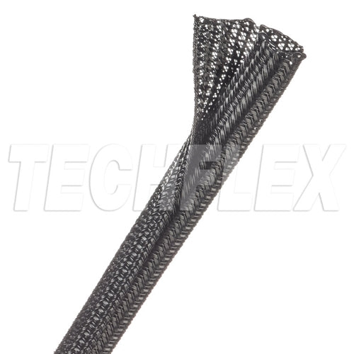 Techflex F6N0.38 Black 3/8" Self-Wrapping Semi-Rigid PET Split Braided Sleeving, Non-Expandable (23M = Full Roll)