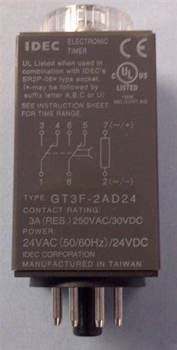 IDEC GT3F-2AD24 True Off Delay Relay 24VAC/DC DPDT 600SEC, 8 Pin Timer, 3A@250VAC/30VDC (Resistive Load)