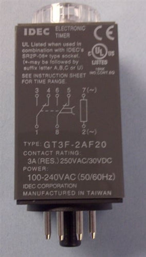 IDEC GT3F-2AF20 True Off Delay Relay 100-240VAC DPDT 600SEC, 8 Pin Timer, 3A@250VAC/30VDC (Resistive Load)
