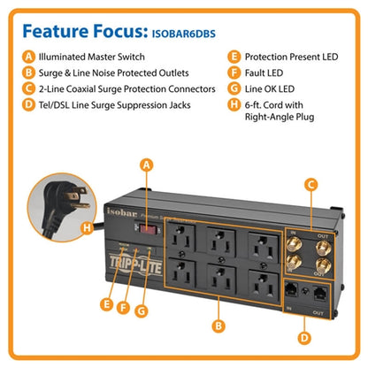 Tripplite ISOBAR6DBS 6-OUTLET Surge Protector, 6ft Cord, Right-Angle Plug, 3330 Joules, Diagnostic LEDs, Tel/Coax/Modem