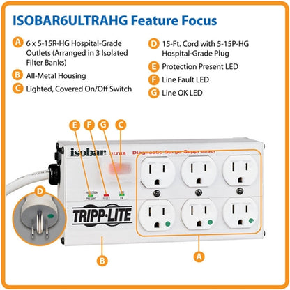 Tripplite ISOBAR6ULTRAHG Hospital-Grade Surge Protector Isobar, UL 1363, 6 Outlets, 15'cord