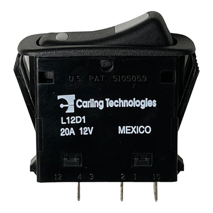 Carling L12D1EHN1-A7900 Lighted Rocker Switch SPST (On)-Off, 20A@12VDC, Amber/Green LED, QC Terminals *Max 12VDC*