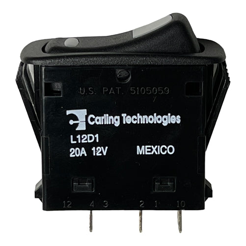 Carling L12D1EHN1-A7900 Lighted Rocker Switch SPST (On)-Off, 20A@12VDC, Amber/Green LED, QC Terminals *Max 12VDC*