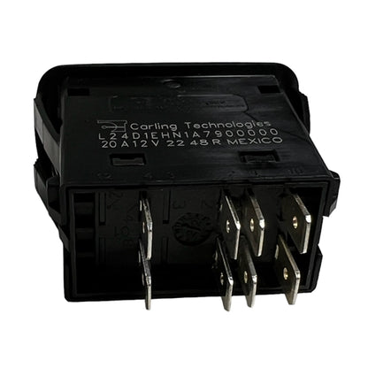 Carling L24D1EHN1-A7900 Lighted Rocker Switch DPDT On-On, 20A@12VDC, Amber/Green LED, QC Terminals *Max 12VDC*