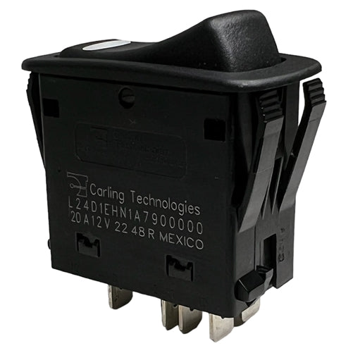 Carling L24D1EHN1-A7900 Lighted Rocker Switch DPDT On-On, 20A@12VDC, Amber/Green LED, QC Terminals *Max 12VDC*