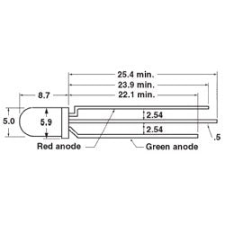 Mode 55-592-0 3-LEAD Bi-Color 5mm LED (Red/Green), Brightness 2.2/2.5MCD @ 10mA