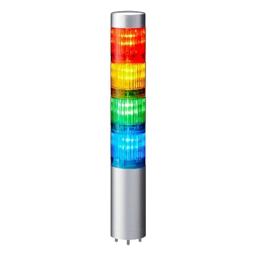Patlite LR4-402WJNU-RYGB 40mm 4-Tier Signal Tower, 24V DC, Direct Mount with Cable, No Flashing/Buzzer, Silver