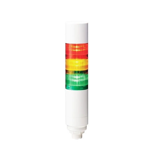 Patlite LR6-302WCBW-RYG 60mm 3-Tier Signal Tower with 24V DC 8-Pin M12 Connector, Multi-Mount: 30mm Panel or 1/2" NPT, Ryg and Buzzer Modules, Off-White Body