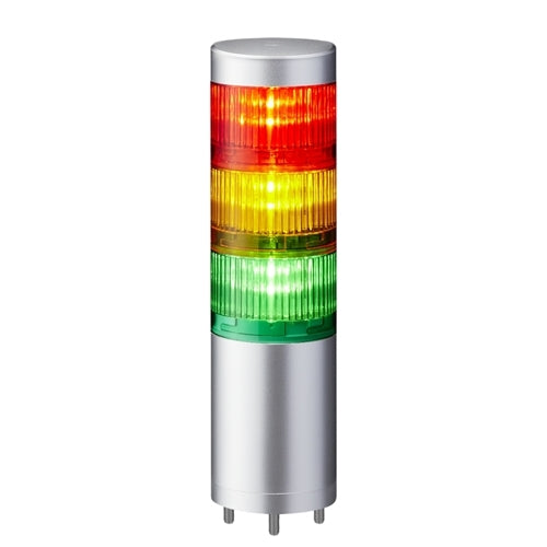 Patlite LR6-302WJNU-RYG 60mm 3-Tier Signal Tower, 24V DC, Direct Mount with Cable, No Flashing/Buzzer, Silver