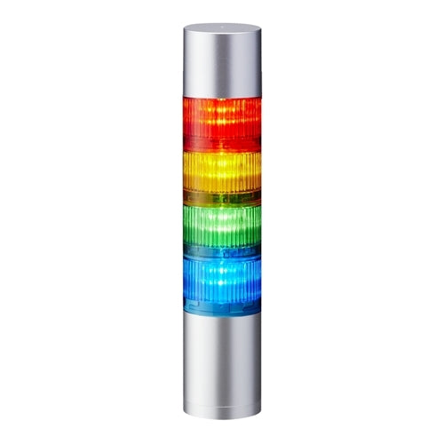 Patlite LR6-402WJBU-RYGB 60mm 4-Tier Signal Tower, 24V DC, Direct Mount with Cable, Flashing/Buzzer, Silver