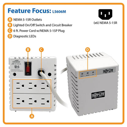 Tripplite LS606M Power Conditioner 600W 120V 6 Outlet with Automatic Voltage Regulation (Avr), AC Surge Protection
