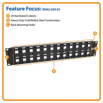 Tripplite N062-024-KJ 24-Port 2U Rack-Mount Unshielded Blank Keystone/Multimedia Patch Panel, RJ45, USB, HDMI, Cat5e/6