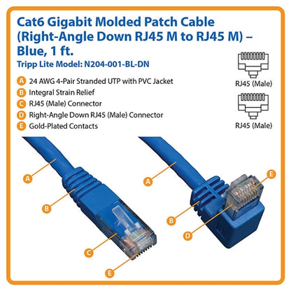 Tripplite N204-001-BL-DN Blue 1ft Down-Angle Cat6 Gigabit Molded UTP Ethernet Cable (RJ45 Right-Angle Down M to RJ45 M)