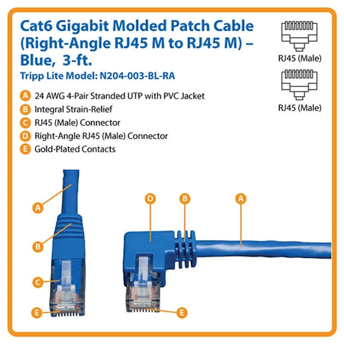 Tripplite N204-003-BL-RA Blue 3ft Right-Angle Cat6 Gigabit Molded UTP Ethernet Cable (RJ45 Right-Angle M to RJ45 M)