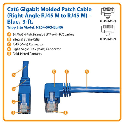 Tripplite N204-003-BL-RA Blue 3ft Right-Angle Cat6 Gigabit Molded UTP Ethernet Cable (RJ45 Right-Angle M to RJ45 M)