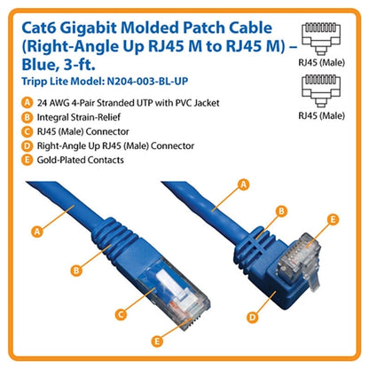 Tripplite N204-003-BL-UP Blue 3ft Up-Angle Cat6 Gigabit Molded UTP Ethernet Cable (RJ45 Right-Angle Up M to RJ45 M)