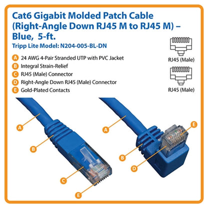Tripplite N204-005-BL-DN Blue 5ft Down-Angle Cat6 Gigabit Molded UTP Ethernet Cable (RJ45 Right-Angle Down M to RJ45 M)