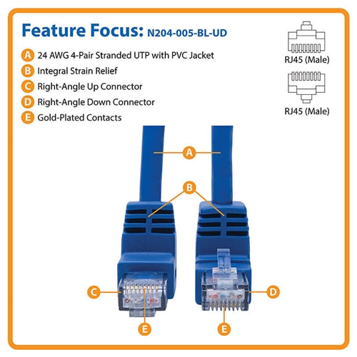 Tripplite N204-005-BL-UD Blue 5ft Up/Down-Angle Cat6 Gigabit Molded UTP Ethernet Cable (RJ45 Up-Angle M to RJ45 Down M)