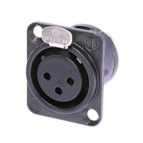 Neutrik NC3FD-L-B-1 3 Pin Female XLR Panel Mount Receptacle, Solder Contacts, Black Metal D-Size Housing, Gold Contacts