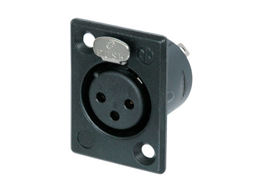 Neutrik NC3FP-BAG-1 3 Pin Female XLR Panel Mount Receptacle, Solder Contacts, Black Metal Housing, Silver Contacts