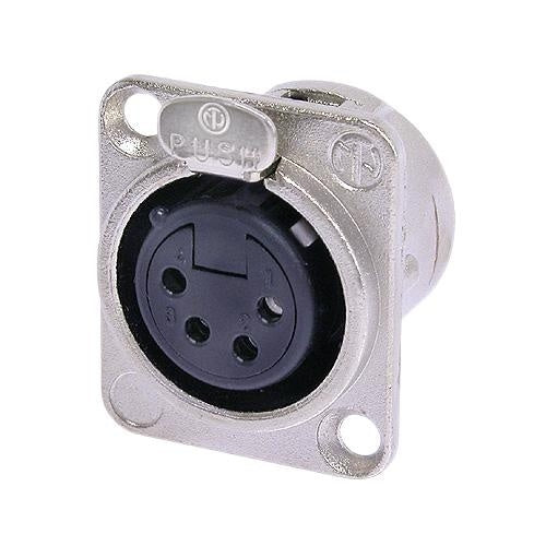 Neutrik NC4FD-L-1 4 Pin Female XLR Panel Mount Receptacle, Solder Contacts, Nickel D-Size Housing, Silver Contacts