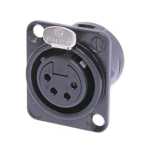 Neutrik NC4FD-L-B-1 4 Pin Female XLR Panel Mount Receptacle, Solder Contacts, Black Metal D-Size Housing, Gold Contacts