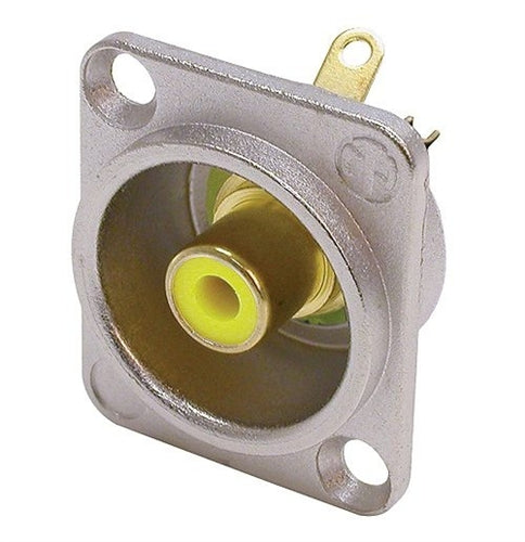 Neutrik NF2D-4 RCA Phono Socket in Nickel D-Size Housing, Yellow Isolation Washers, Solder Version