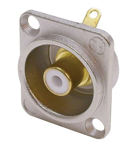 Neutrik NF2D-9 RCA Phono Socket in Nickel D-Size Housing, White Isolation Washers, Solder Version