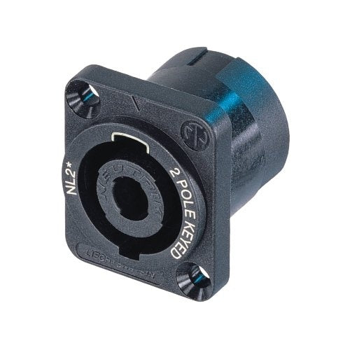 Neutrik NL2MP 2 Pole Speakon Chassis Mount Connector, Black D-Size Flange, Countersunk Thruholes, 3/16" Flat Tabs