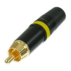 Rean Neutrik NYS373-4 Premium RCA Phono Plug with Gold Plated Contacts, Black Metal Housing & Yellow Stripe
