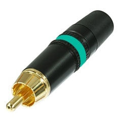 Rean Neutrik NYS373-5 Premium RCA Phono Plug with Gold Plated Contacts, Black Metal Housing & Green Stripe