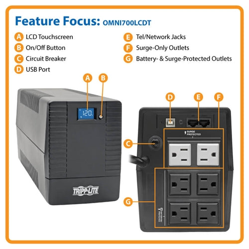 Tripplite OMNI700LCDT 700VA 350W Line-Interactive UPS with 6 NEMA 5-15R Outlets, 120V, 50/60Hz *Replaces OMNISMART700TSU