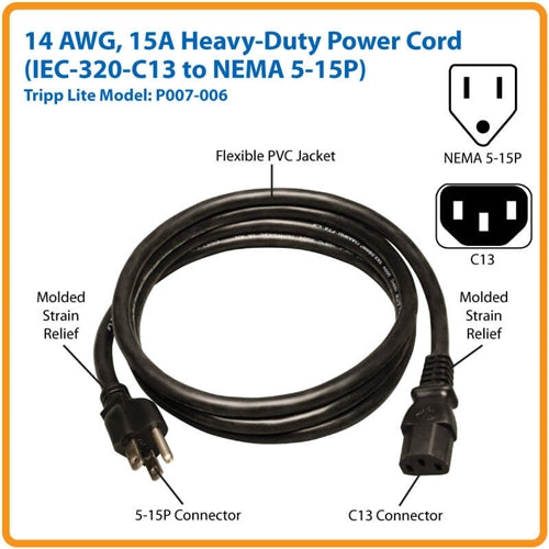 Tripplite P007-006 Power Cable 14/3 6 Foot NEMA 5-15P to Female IEC-320-C13 Equipment Cord, 125 VAC 15AMP
