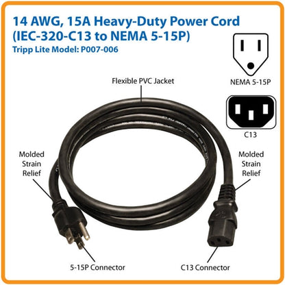 Tripplite P007-006 Power Cable 14/3 6 Foot NEMA 5-15P to Female IEC-320-C13 Equipment Cord, 125 VAC 15AMP