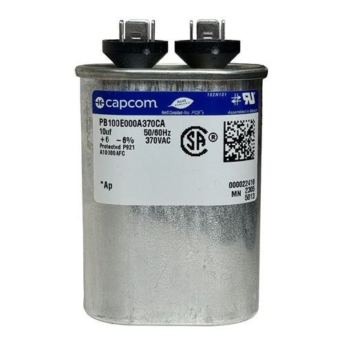 Capcom Genteq PB100E000A370CA Motor Run Capacitor 10uF 370VAC Oval ** Rated for Continuous/100% Duty Cycle **