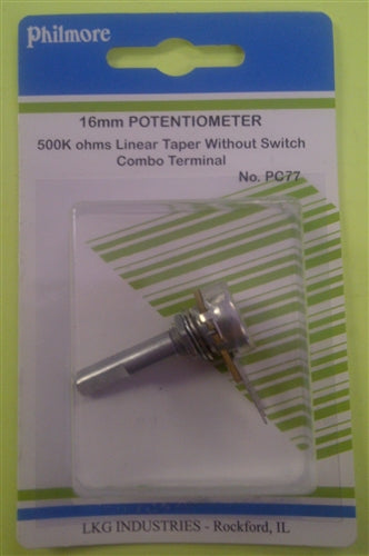 Philmore PC77 500k Ohm Linear Taper Potentiometer, No Switch, Combo Terminals