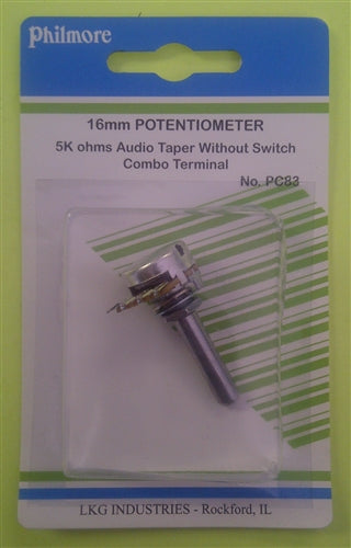 Philmore PC83 5k Ohm Log / Audio Taper Potentiometer, No Switch, Combo Terminals