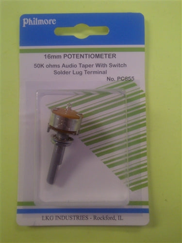 Philmore PC855 50k Ohm Log / Audio Taper Potentiometer, with Switch, Solder Lug Terminals