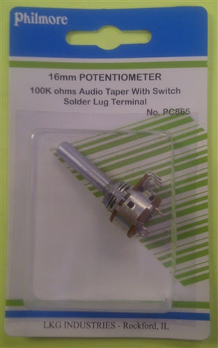 Philmore PC865 100k Ohm Log / Audio Taper Potentiometer, with Switch, Solder Lug Terminals