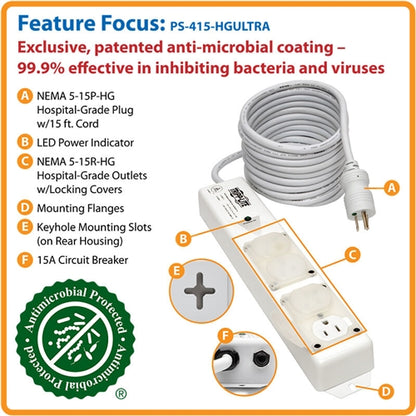 Tripplite PS-415-HGULTRA Power Bar, Medical Grade with 4 15A Hospital-Grade Outlets, 15' Cord and Outlet Covers