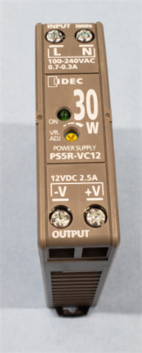 IDEC PS5R-VC12 Switching Power Supply 12VDC 30W 2.5A Output, 100-370VDC / 85-264VAC Input, DIN Rail Mount