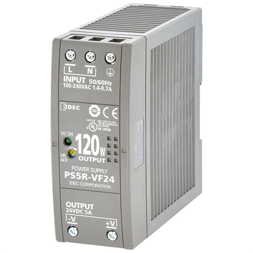 IDEC PS5R-VF24 Switching Power Supply 24VDC 120W 5A Output, 85-264VAC / 100-370VDC Input, DIN Rail Mount