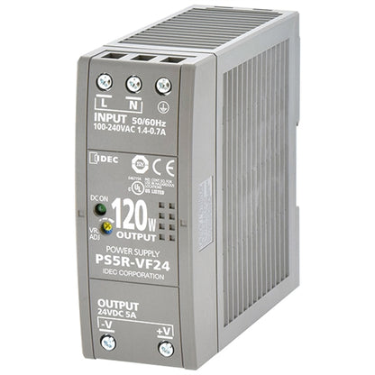 IDEC PS5R-VF24 Switching Power Supply 24VDC 120W 5A Output, 85-264VAC / 100-370VDC Input, DIN Rail Mount