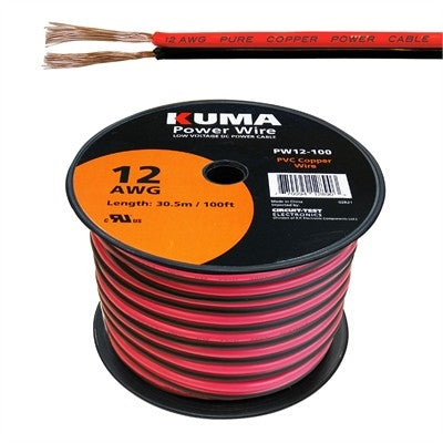 Circuit-Test PW12-100 12AWG Two Conductor Bonded Parallel Wire, Low Voltage DC Power Cable, 100ft Roll