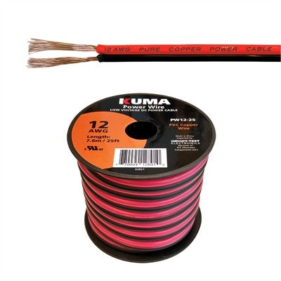 Circuit-Test PW12-25 12AWG Two Conductor Bonded Parallel Wire, Low Voltage DC Power Cable, 25ft Roll