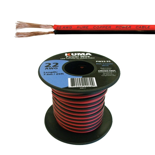 Circuit-Test PW22-25 22AWG Two Conductor Bonded Parallel Wire, Low Voltage DC Power Cable, 25ft Roll