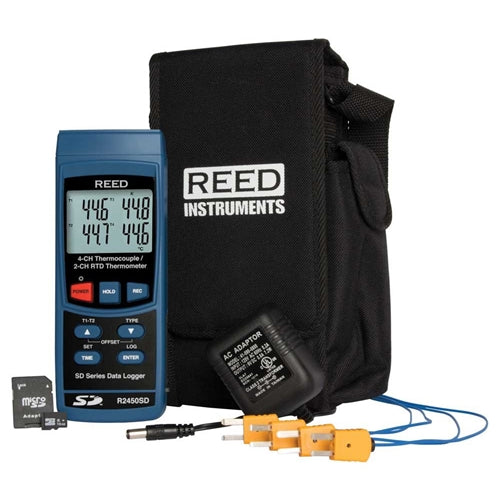REED R2450SD-KIT3 Data Logging Thermometer with SD Card, Power Adapter and 4 Thermocouple Probes