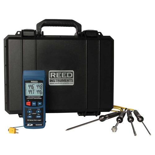 REED R2450SD-KIT4 Data Logging Thermometer with 4 Type-K Thermocouple Probes and Carrying Case
