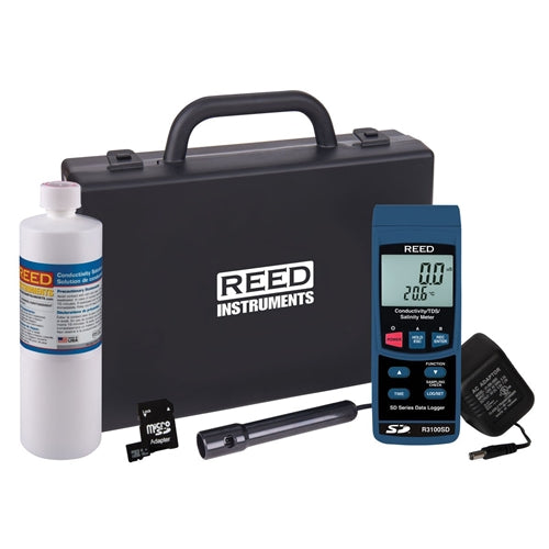 REED R3100SD-KIT Data Logging Conductivity / TDS / Salinity Meter with SD Card, Power Adapter and Solution